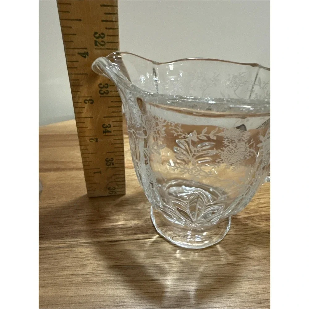 Vintage Etched‎ Glass Creamer Sugar Bowl Set Floral Cottagecore 3 piece
